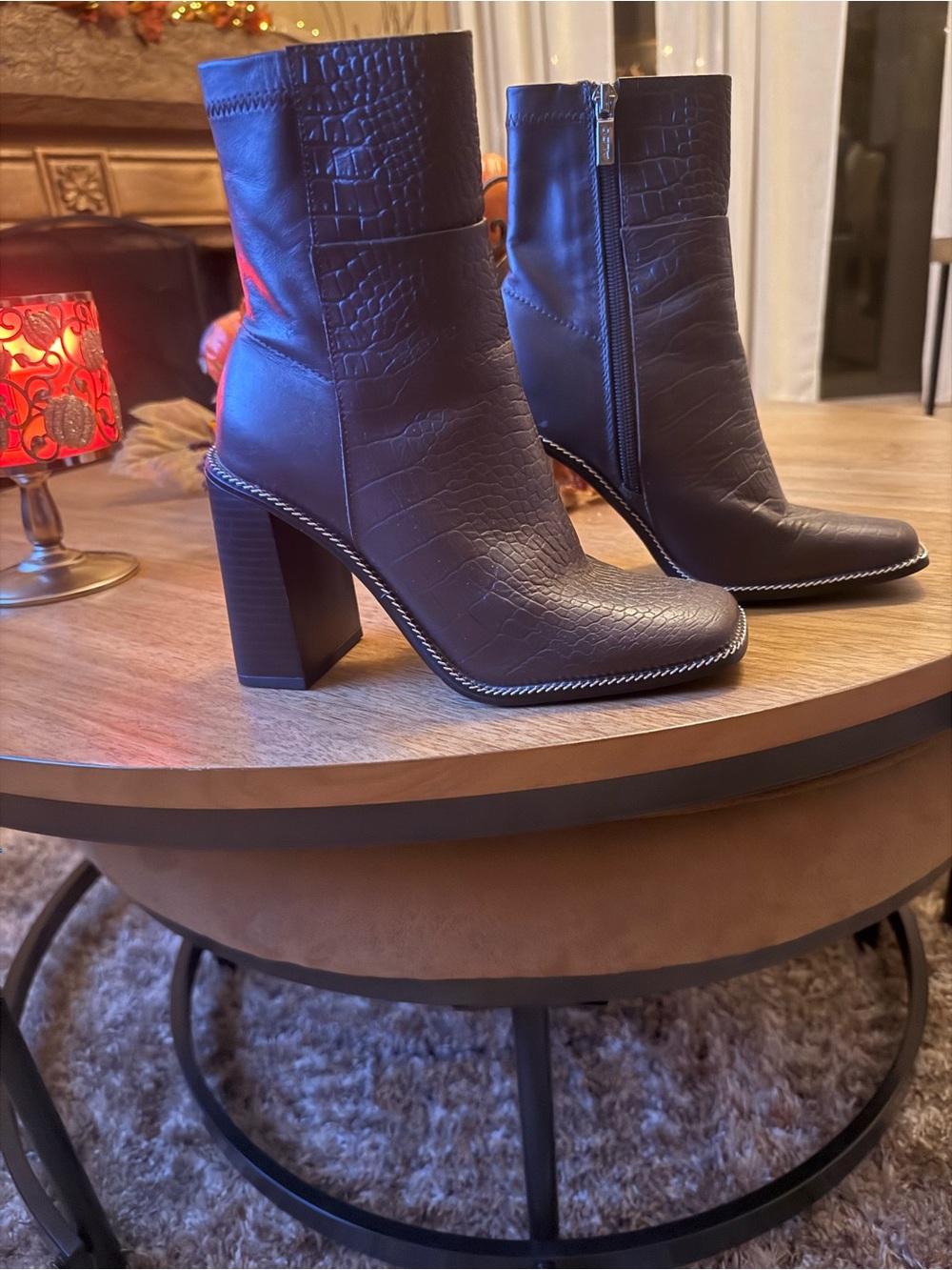 Aldo Black Croc-Embossed Block Heel Ankle Boots